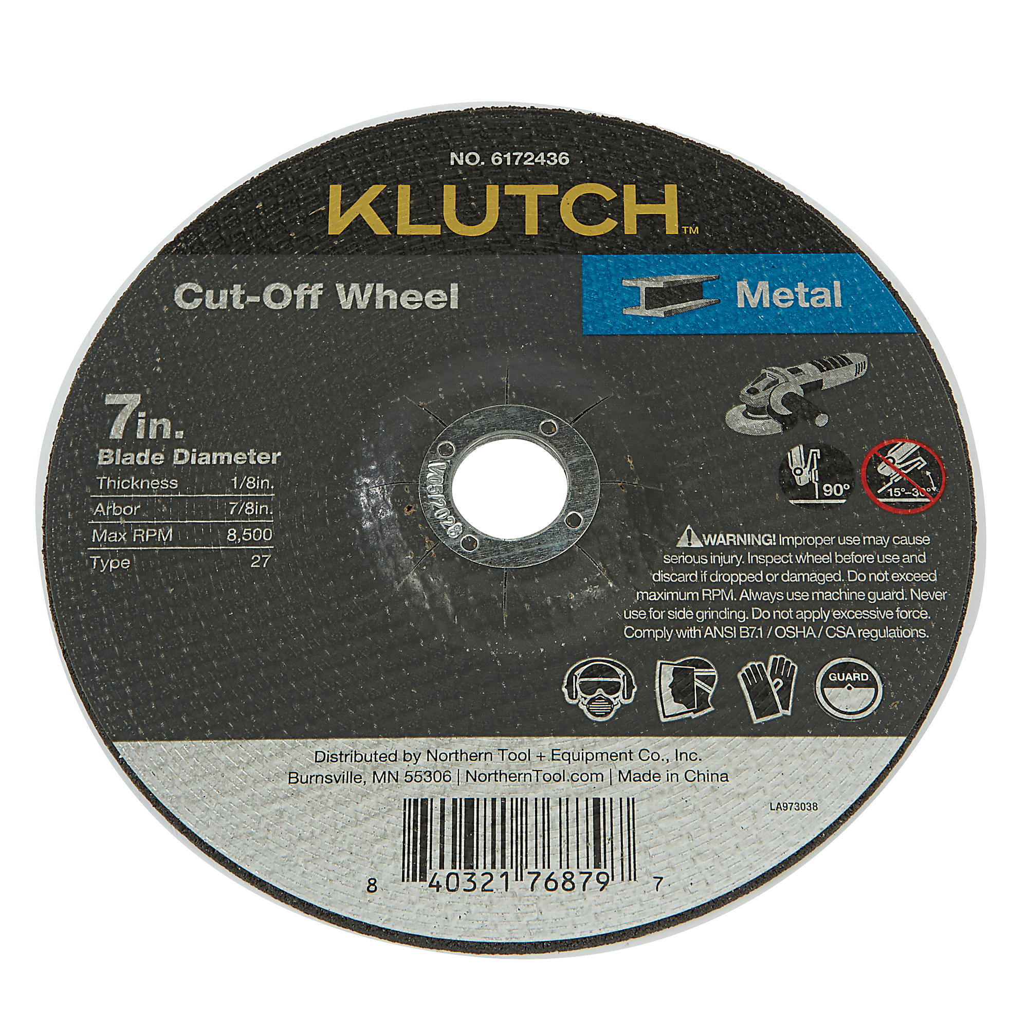 Klutch Metal Cutoff Wheel, 7in. x 1/8in. x 7/8in., Type 27